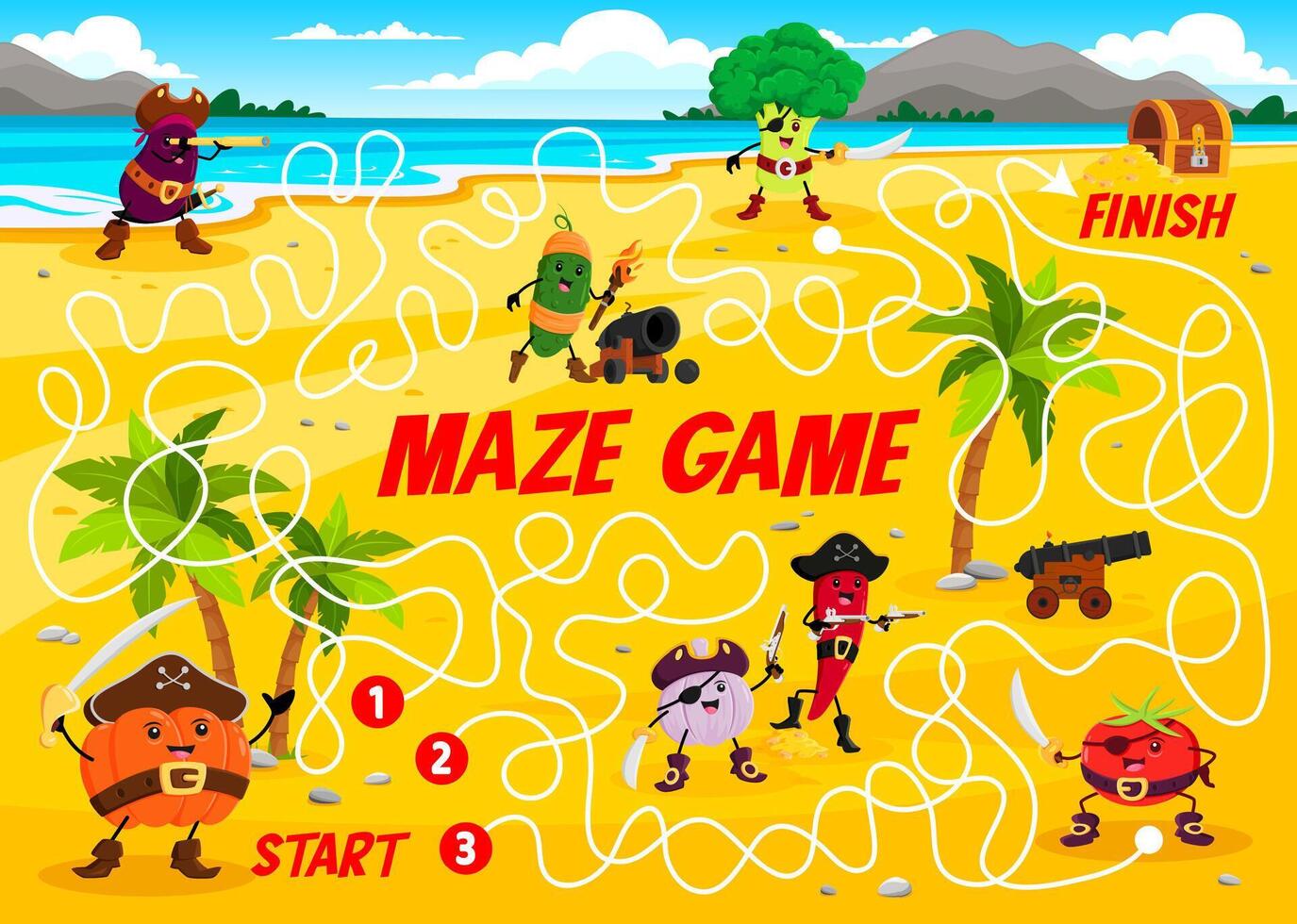 Labyrinth maze game with cartoon vegetable pirates vector