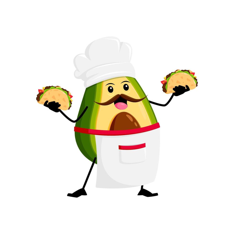 Cartoon mexican chef avocado character with tacos vector