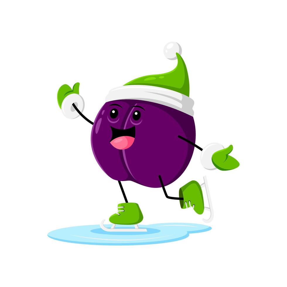 Cartoon cheerful Christmas plum skating on rink vector