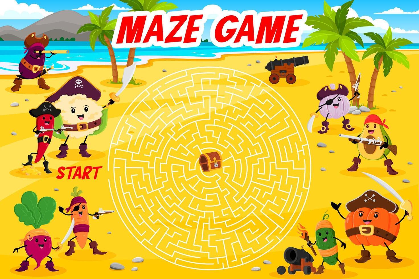 Labyrinth maze game, cartoon vegetable pirates vector
