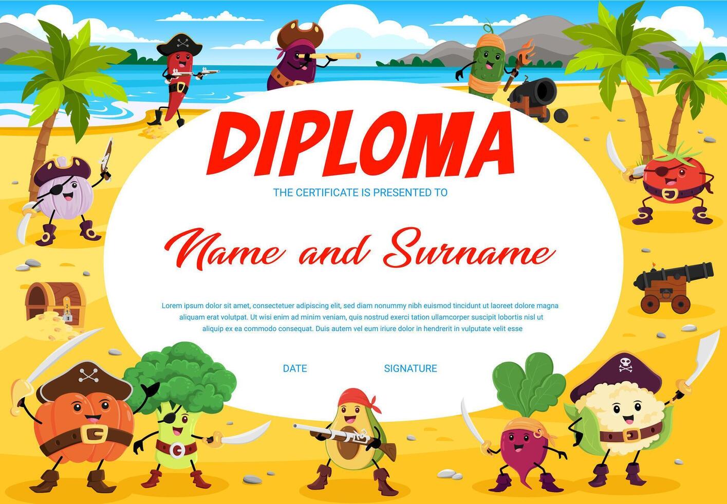 Kids diploma, cartoon vegetable corsair characters vector
