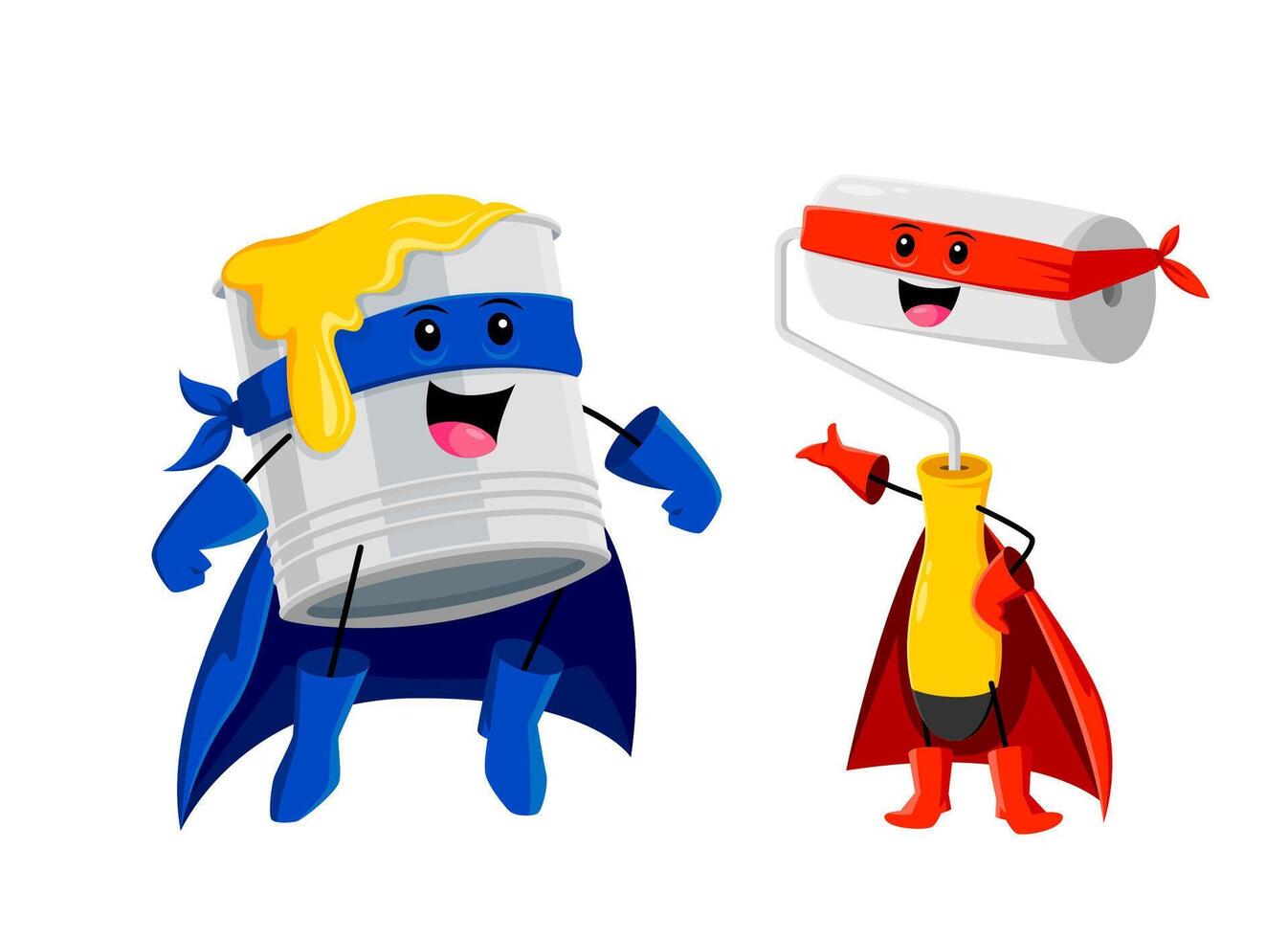 Cartoon funny paint can and roller superheroes vector