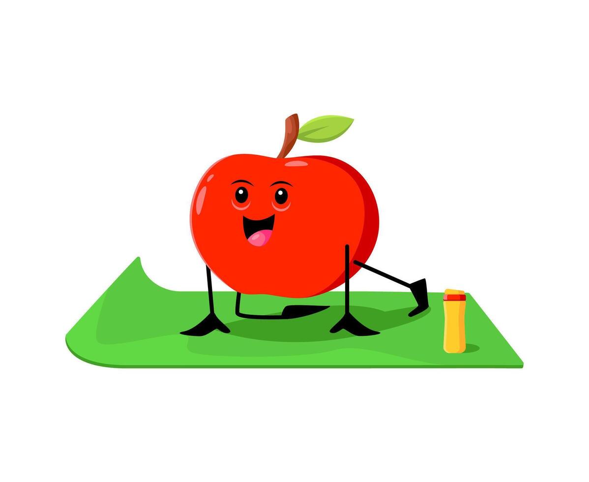 Cartoon red apple fruit character on yoga pilates vector