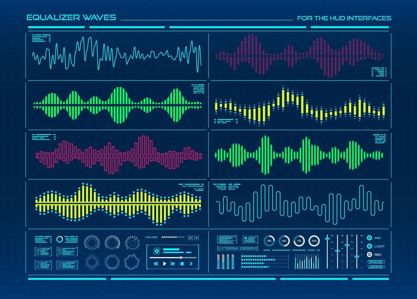 HUD equalizer interface, music digital sound waves vector