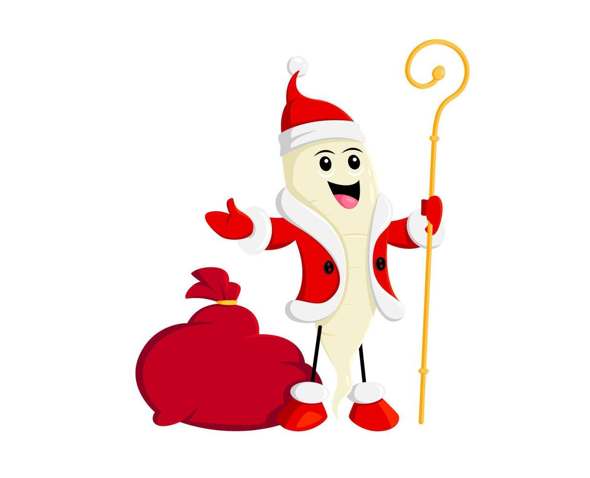 Cartoon daikon vegetable character in Santa hat vector