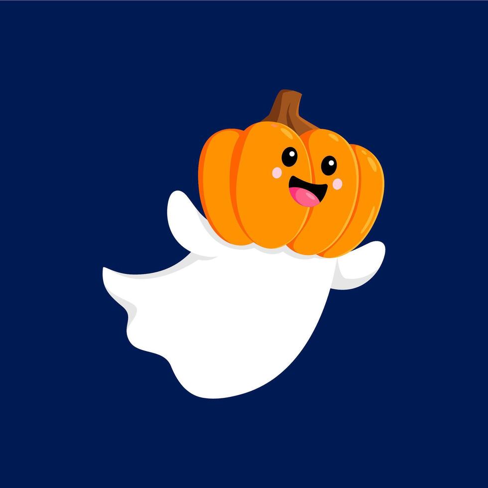 Cartoon Halloween kawaii ghost with pumpkin mask vector