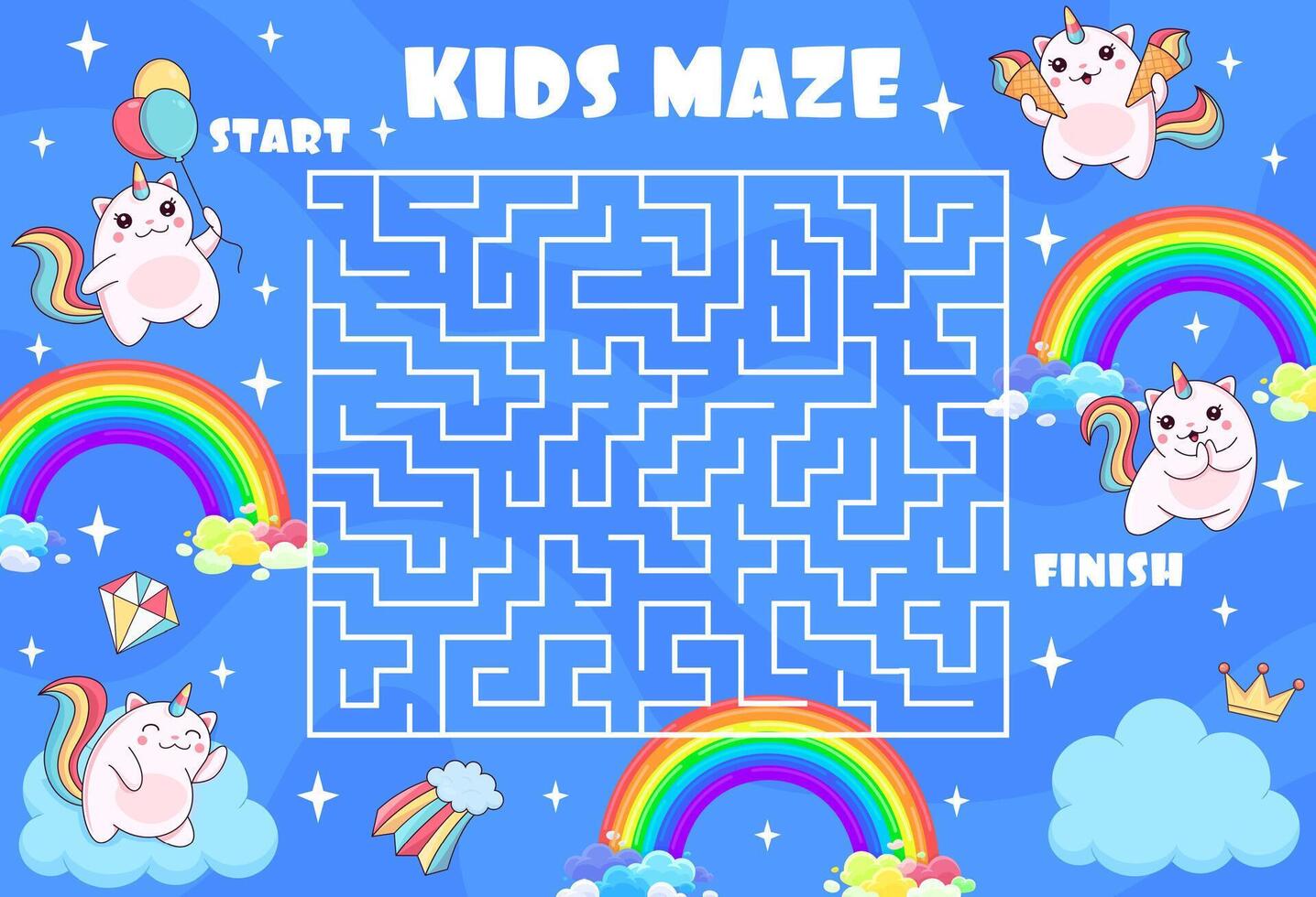 Kids labyrinth maze with caticorn cat character vector