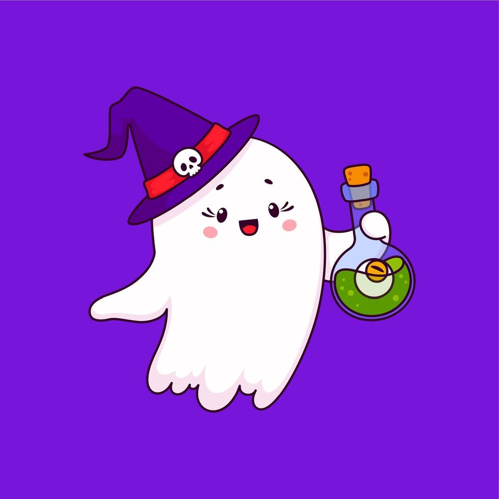 Cartoon halloween kawaii cute ghost in witch hat vector