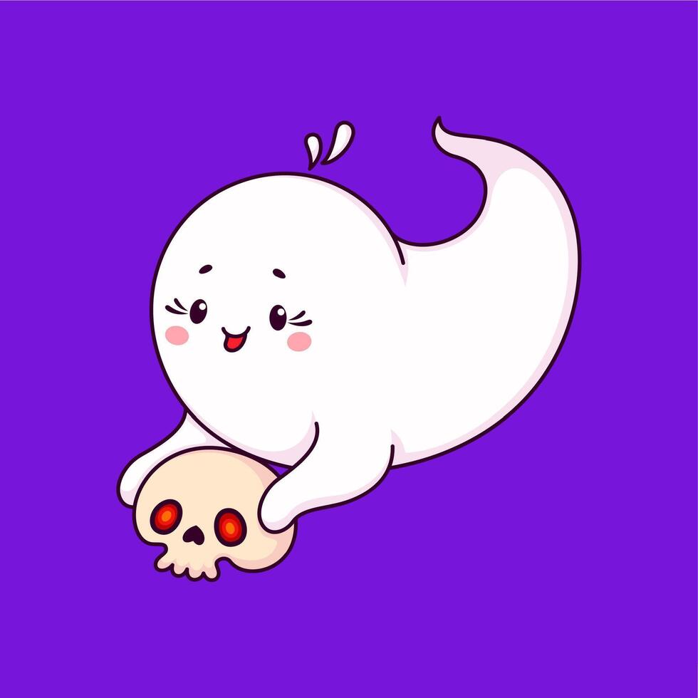 Cartoon halloween cute ghost character with skull vector