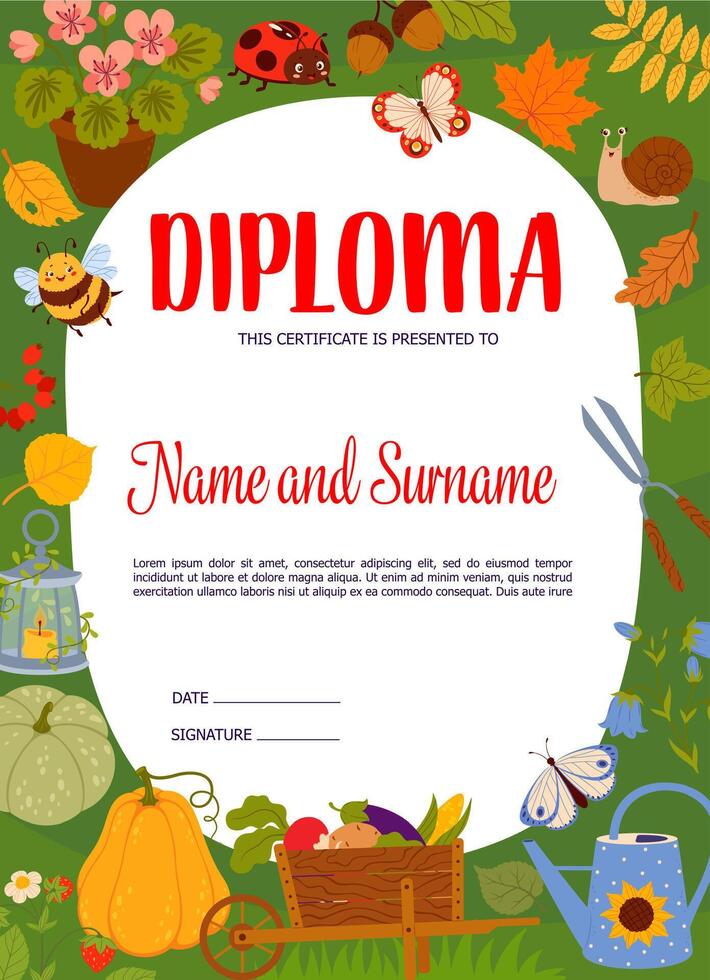 Kids diploma with gnome items and autumn leaves vector