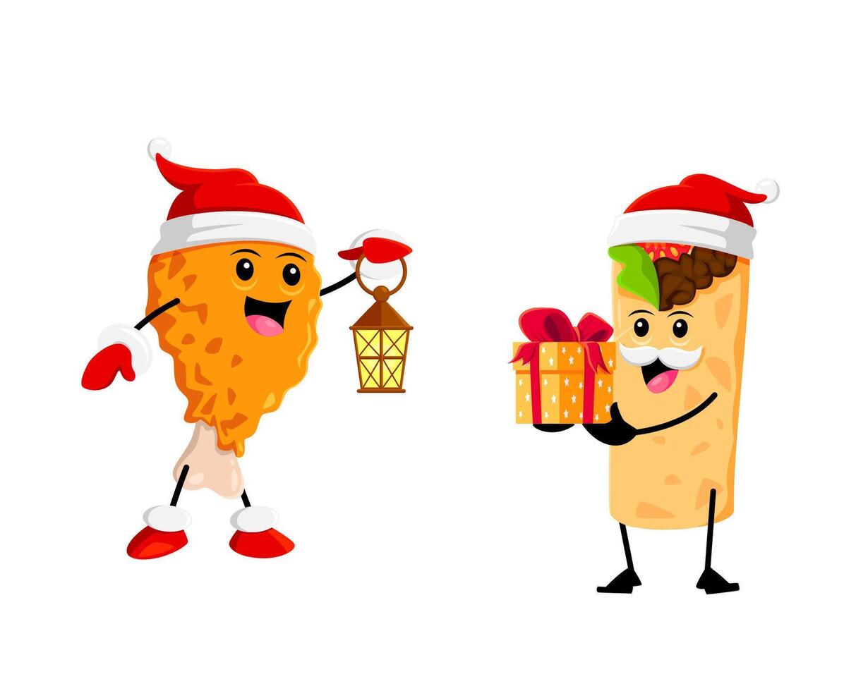 Cartoon chicken leg, burrito Christmas characters vector