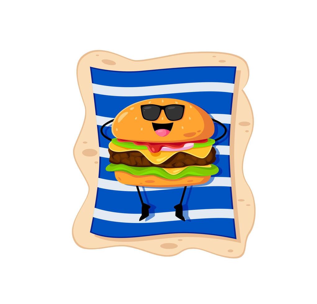 Cartoon cheeseburger character sunbathing on beach vector