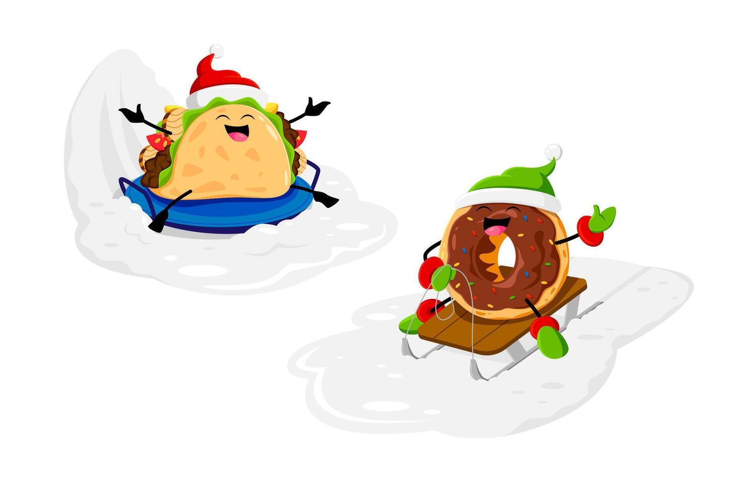 Cartoon tacos and donut Christmas characters vector