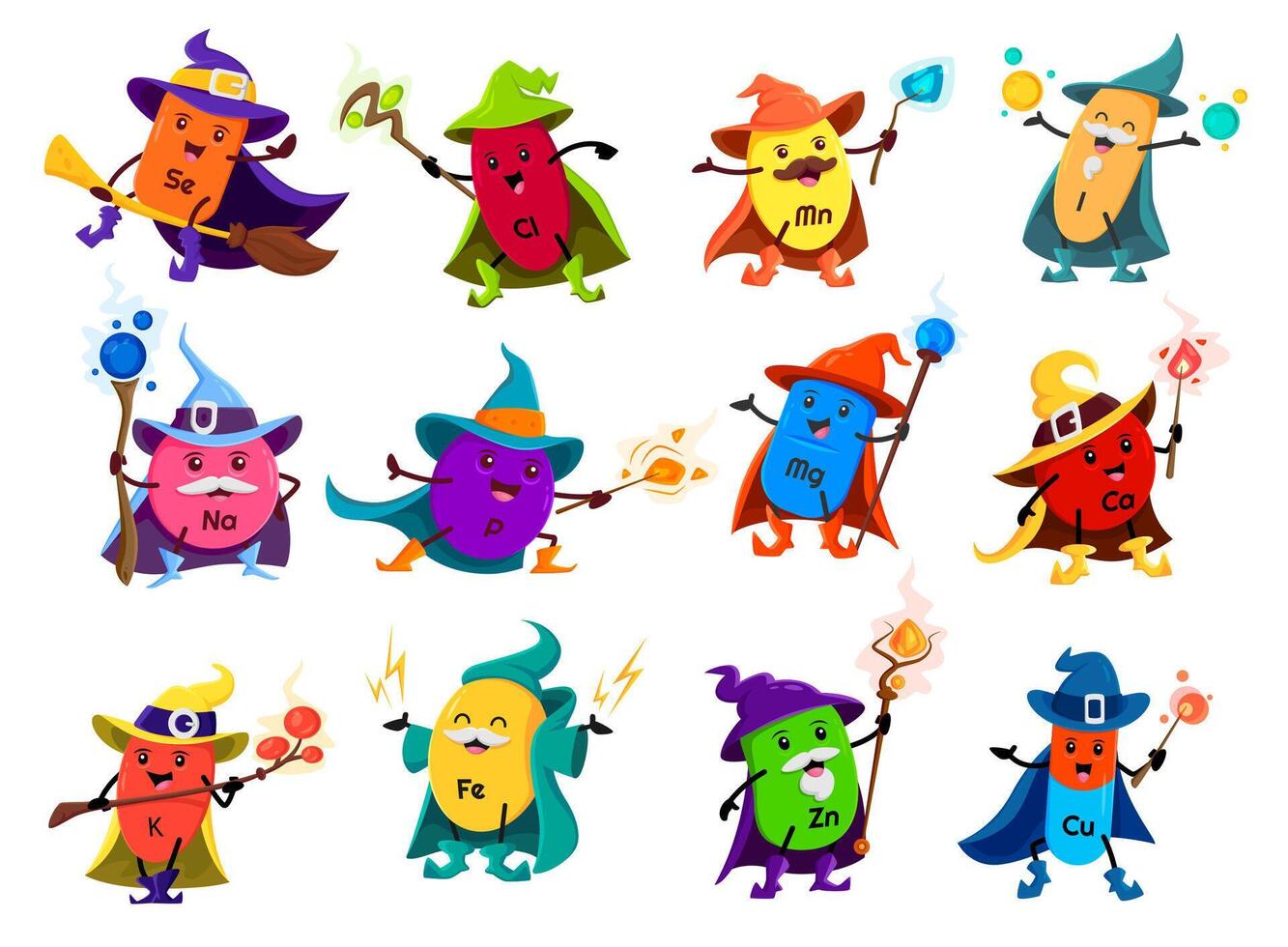 Cartoon mineral or micronutrient wizard characters vector