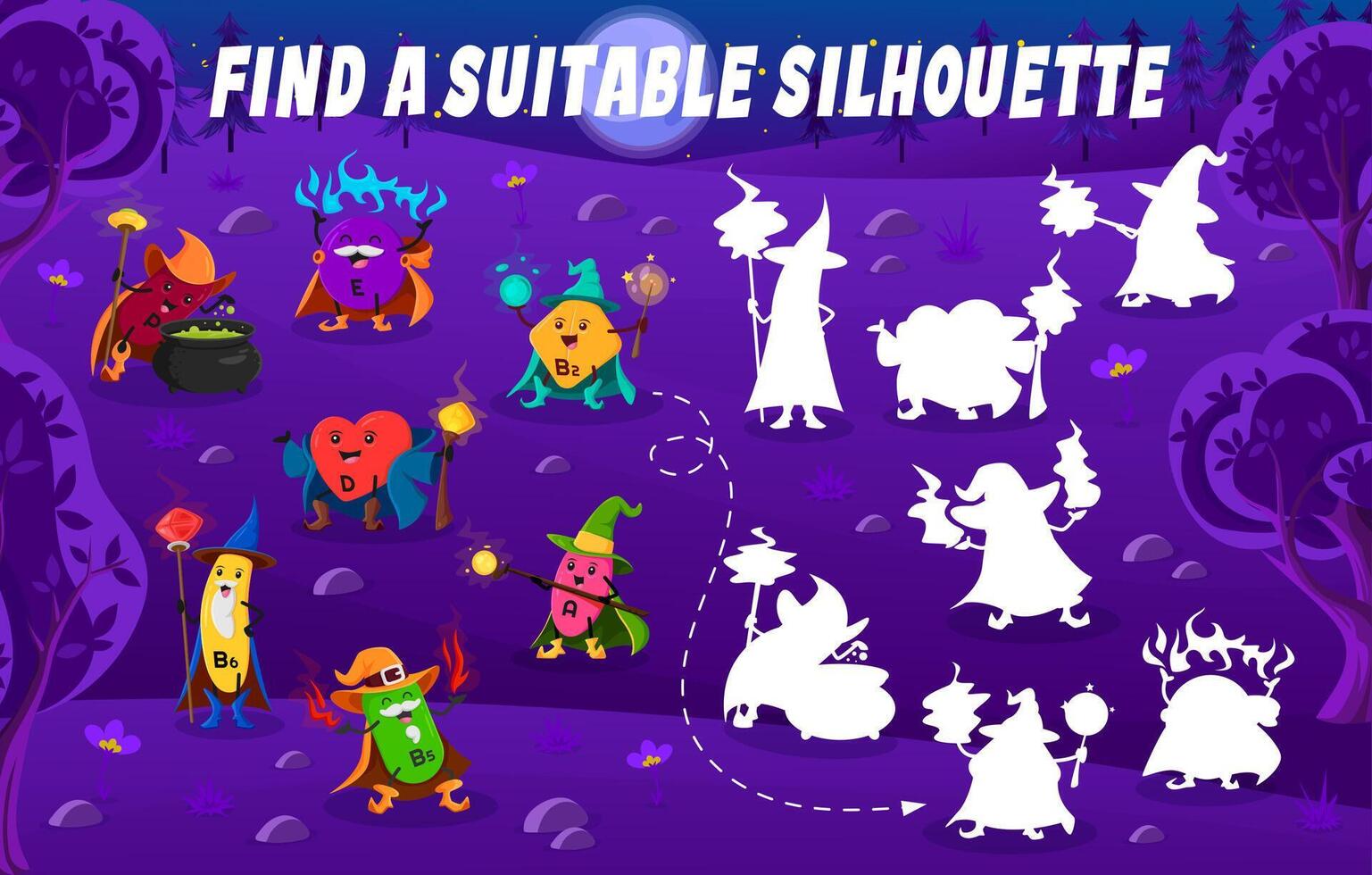 Find suitable silhouette of cartoon vitamin wizard vector
