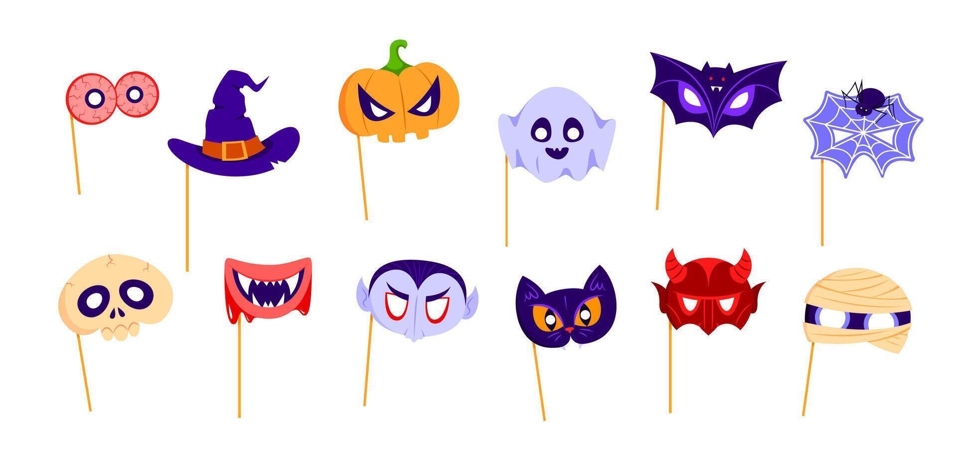 Halloween holiday photo booth masks with props vector