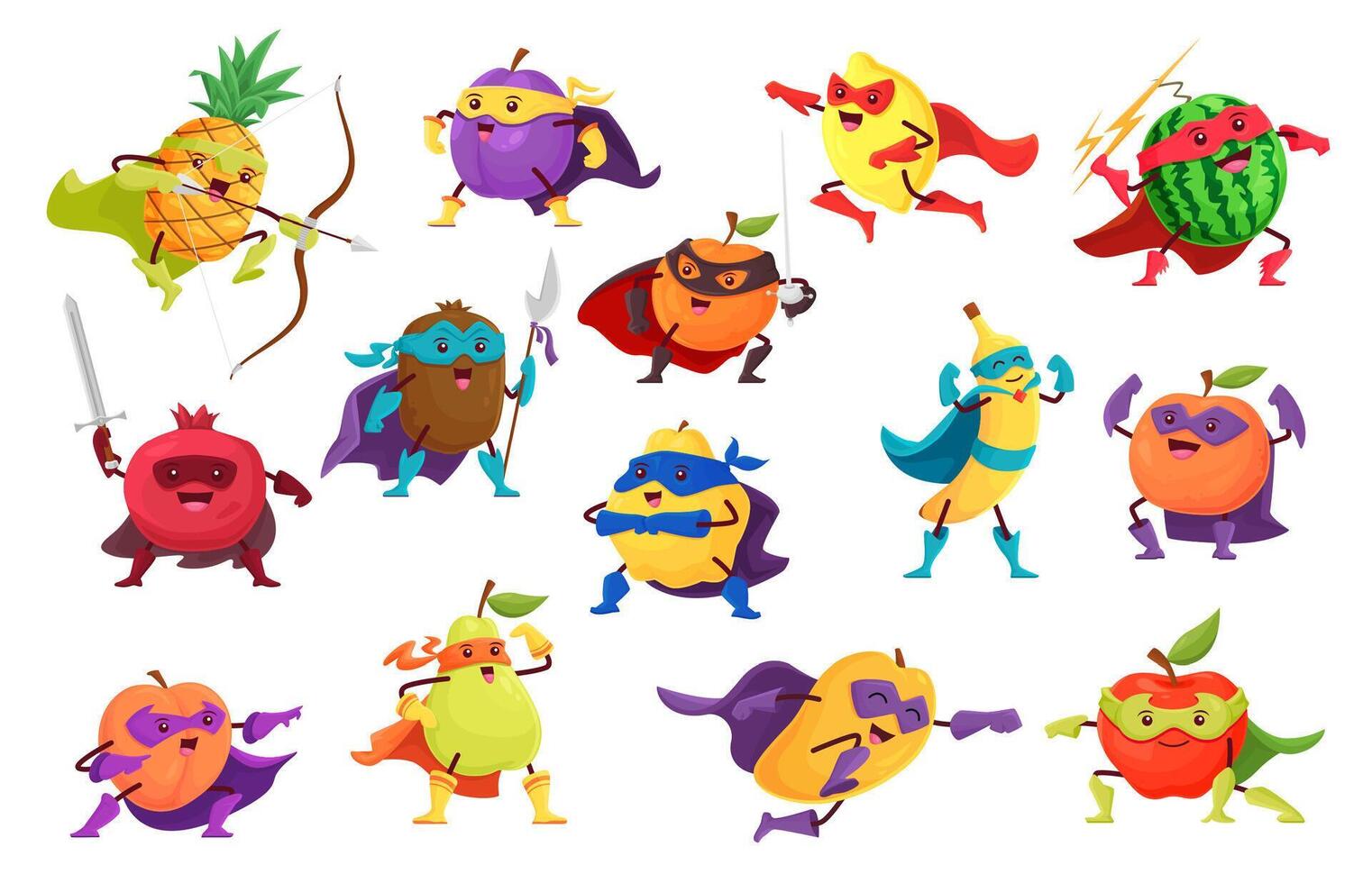 Cartoon fruit superhero and defender characters vector