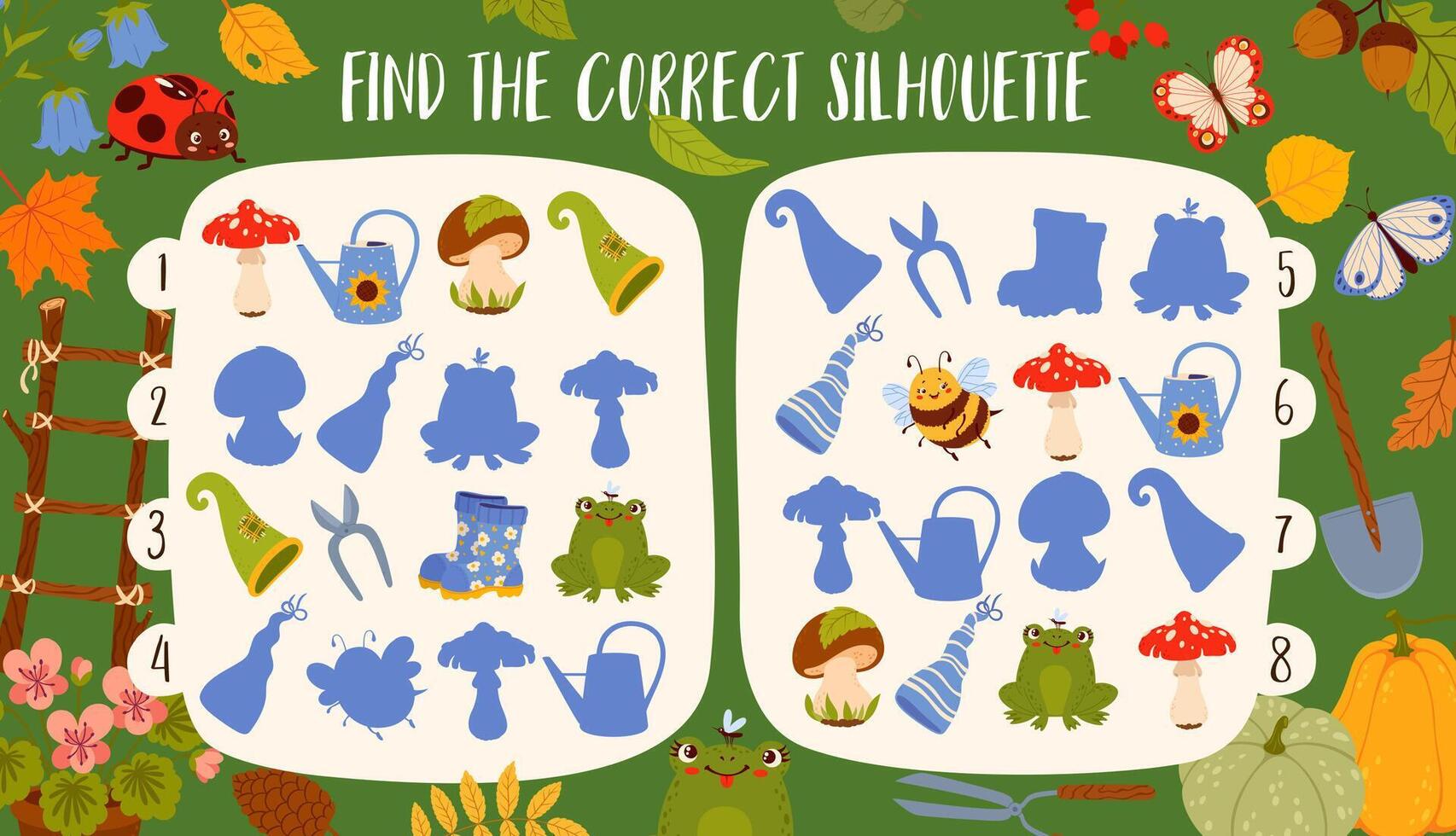 Find the correct silhouette of gnome hats, leaves vector