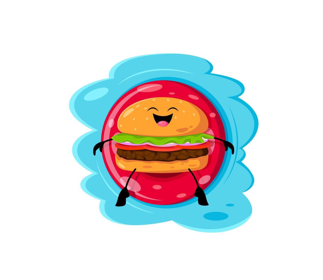 Cartoon fast food burger character on float ring vector