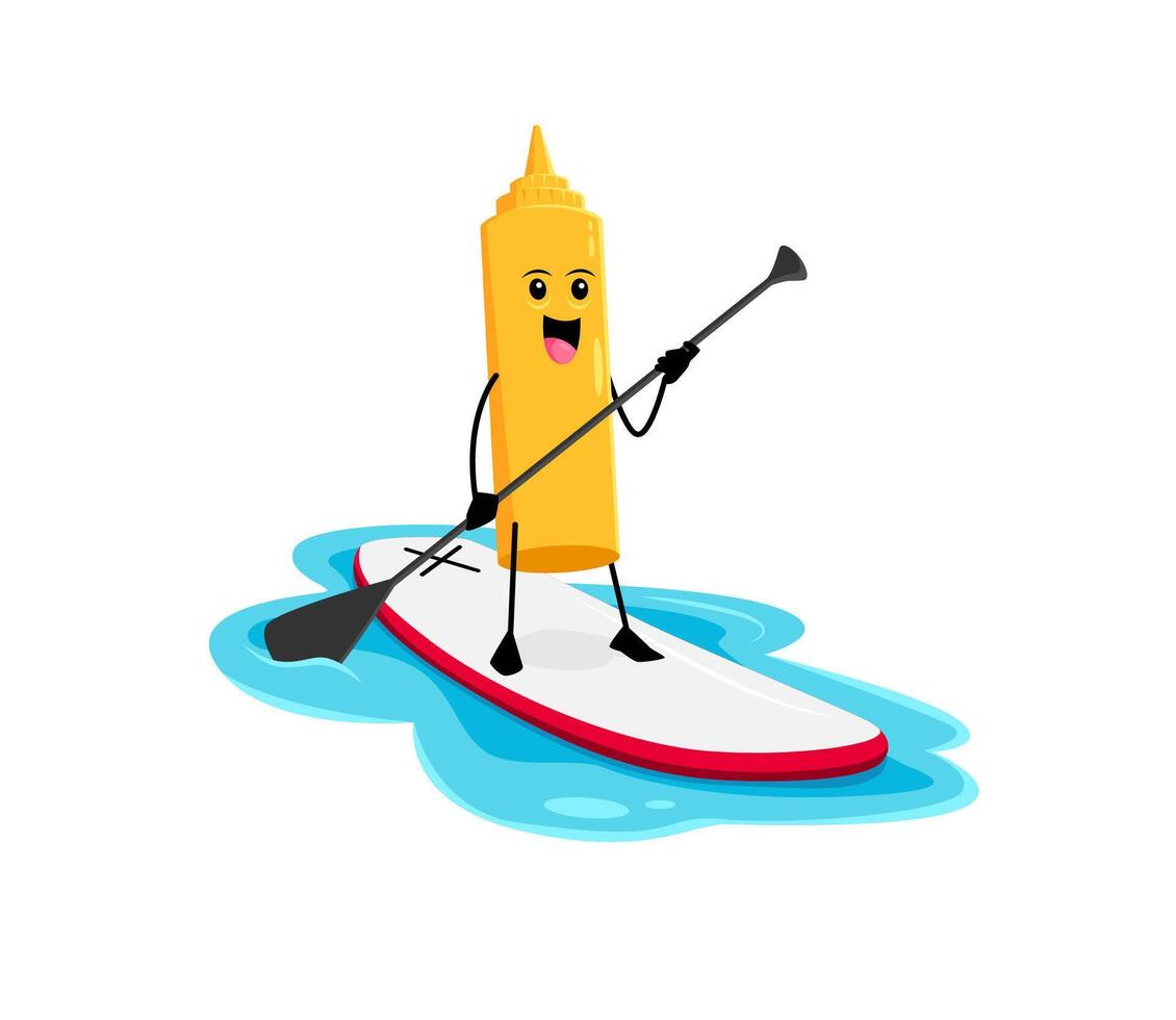 Cartoon fast food mustard character on SUP board vector
