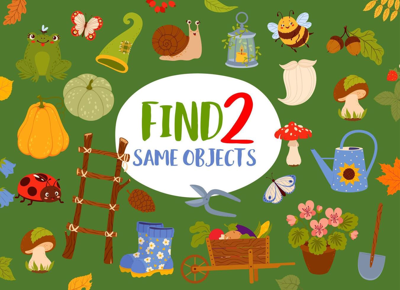 Find two same autumn gnome garden tools game vector