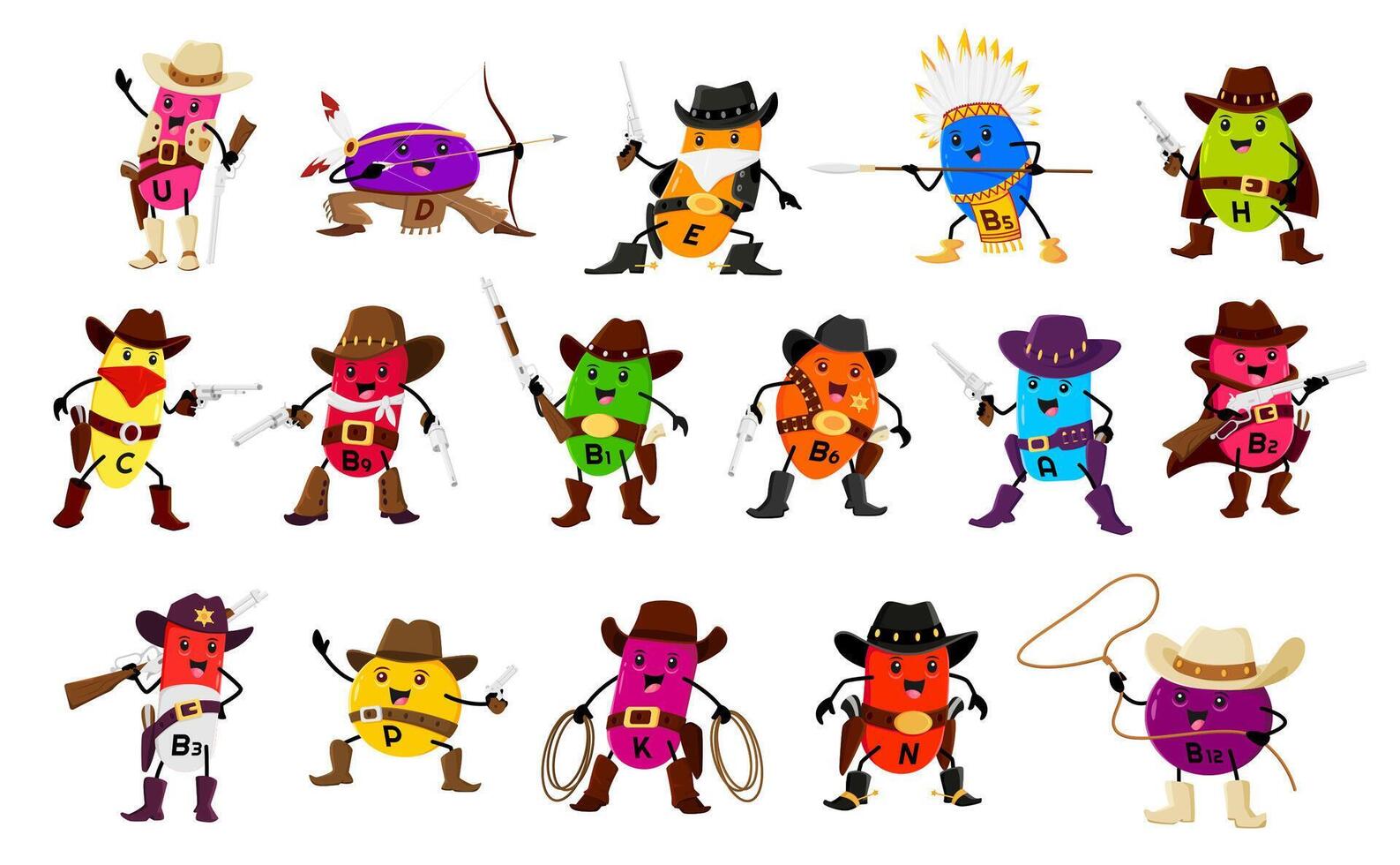 Cartoon vitamin ranger, cowboy, sheriff and Indian vector
