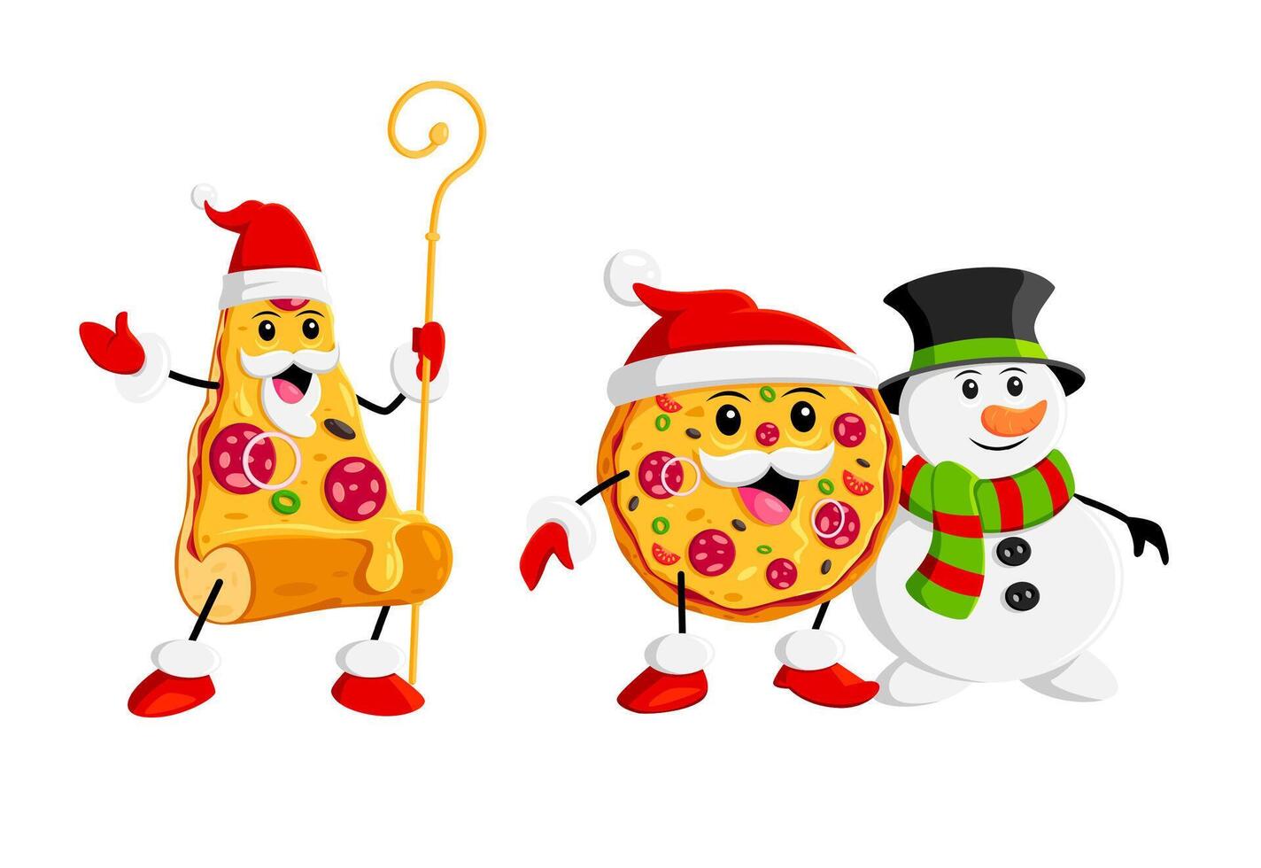 Cartoon fast food pizza characters and snowman vector