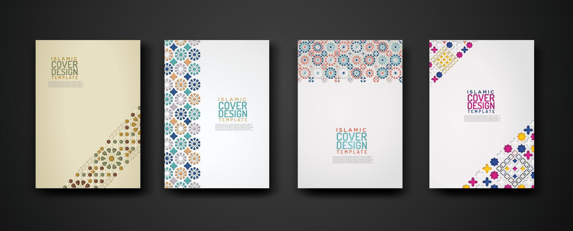 Set islamic cover design template with colorful detail and texture of floral mosaic islamic art ornament. vector