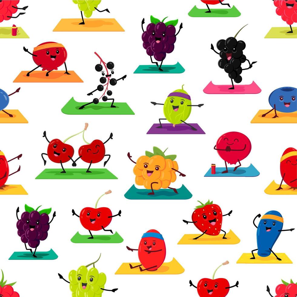 Cartoon berry characters on yoga seamless pattern vector