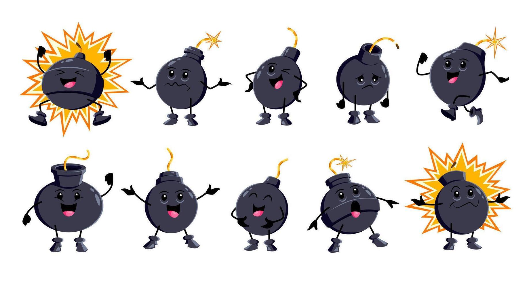 Cartoon bomb characters different face expressions vector