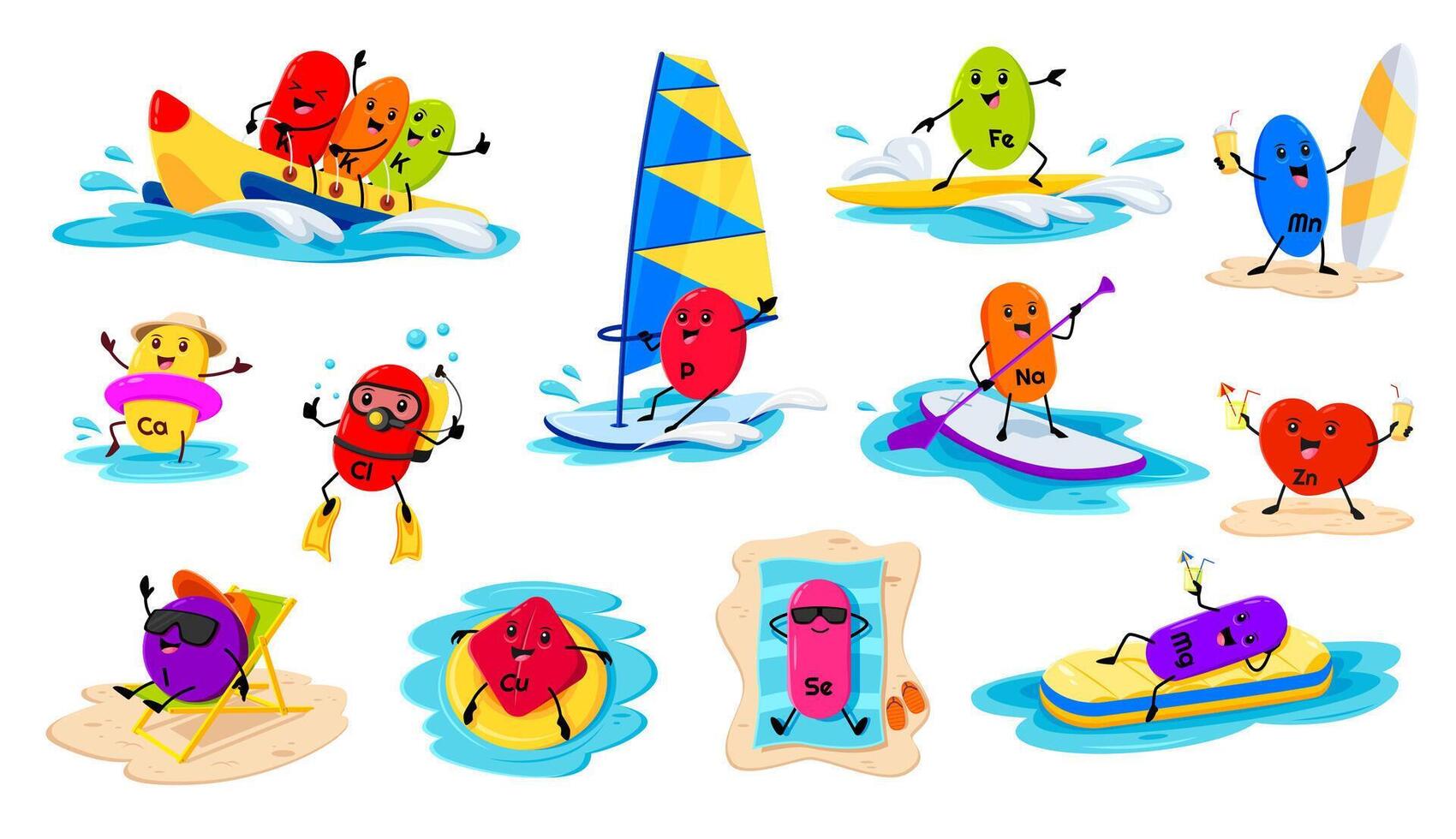 Cartoon micronutrient characters summer vacation vector