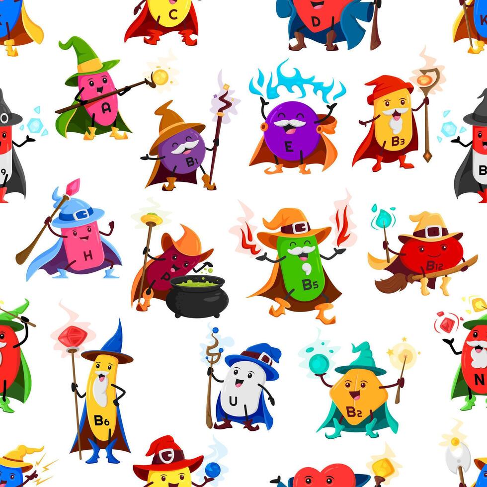 Cartoon vitamin wizard characters seamless pattern vector
