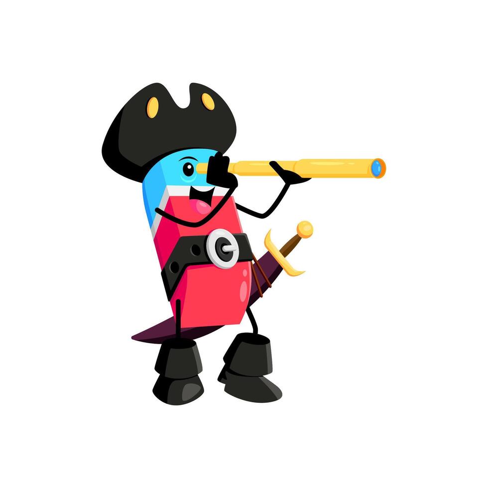 Cartoon eraser school supply pirate with spyglass vector