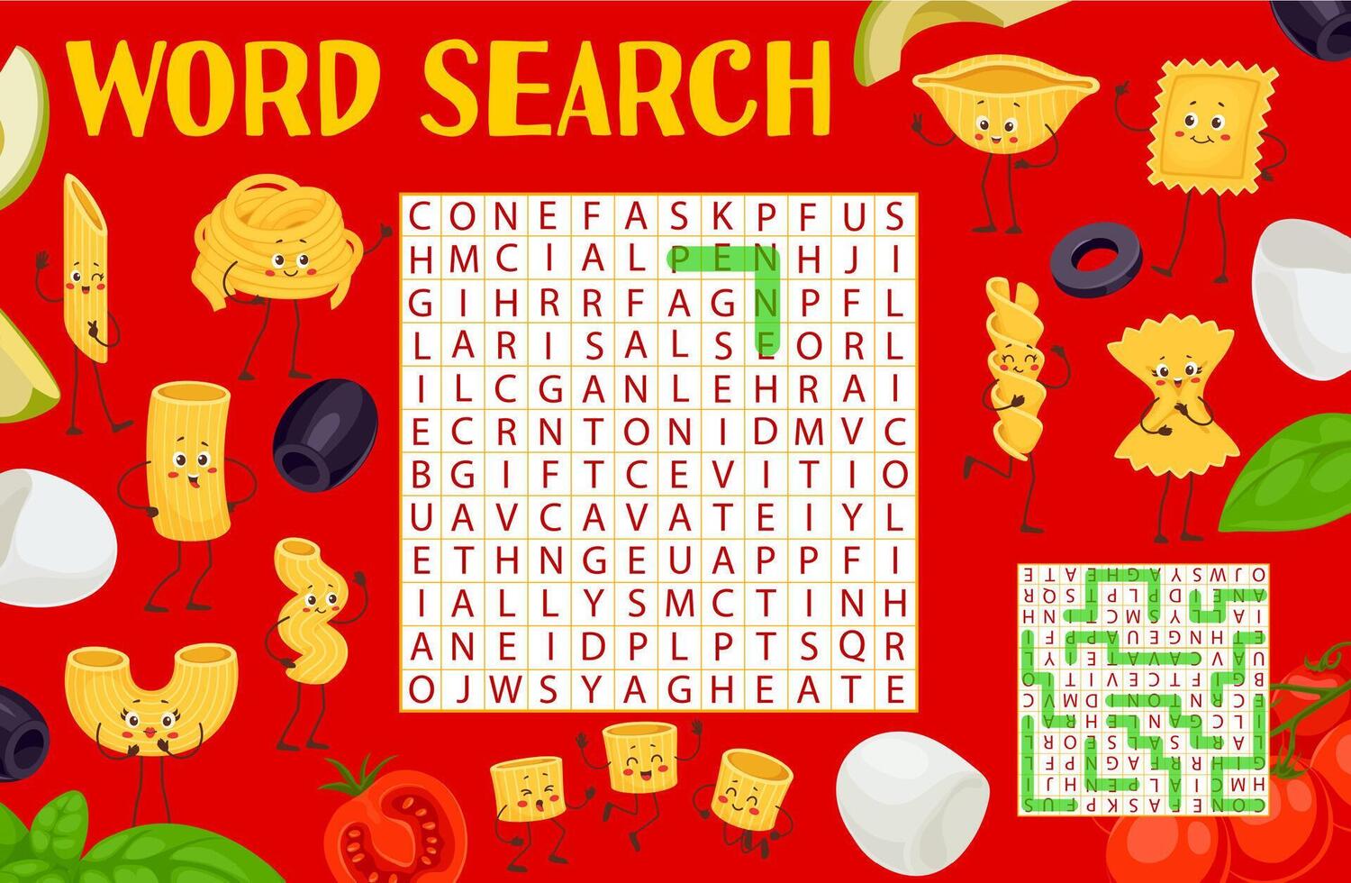Word search game. Italian pasta characters maze vector