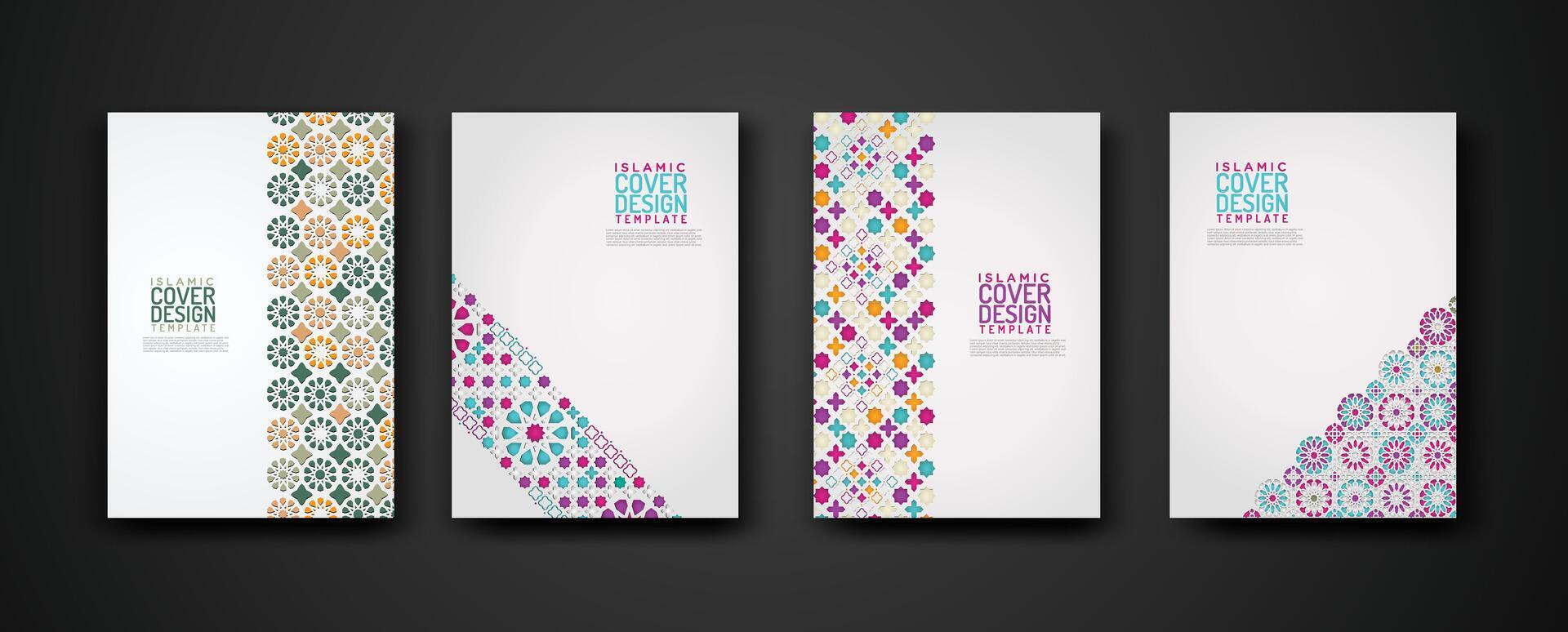 Set islamic cover design template with colorful detail and texture of floral mosaic islamic art ornament. vector