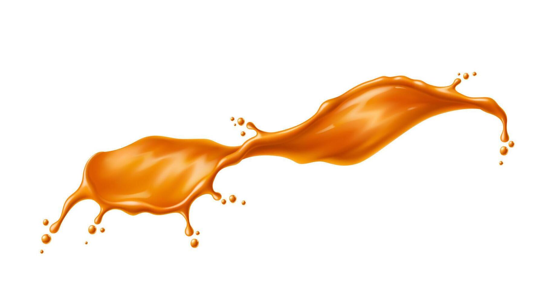 Caramel syrup swirl splash, sauce wave with drops vector