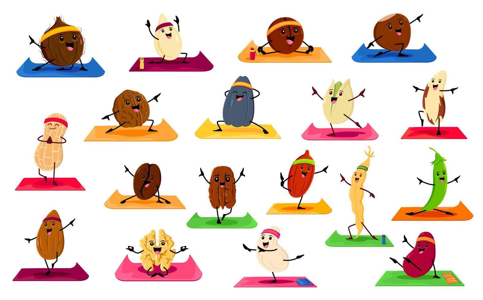 Cartoon nut and bean characters on yoga fitness vector
