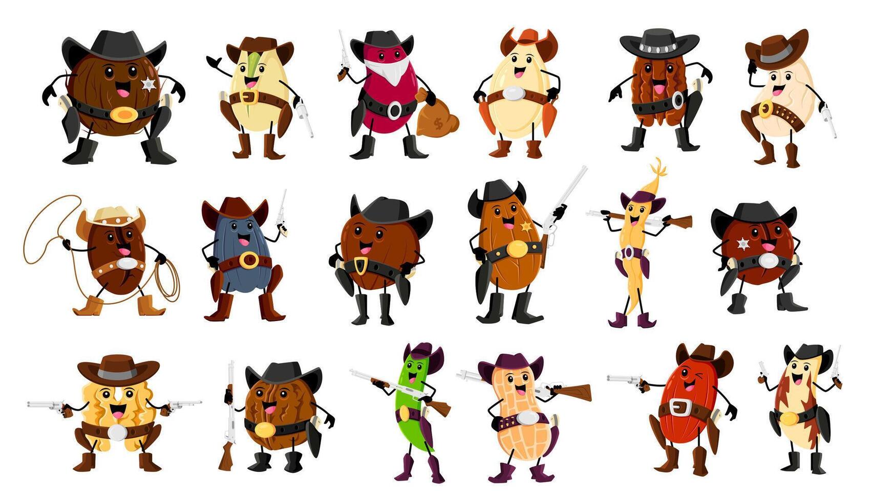 Cartoon nut, bean and legume cowboy, ranger set vector