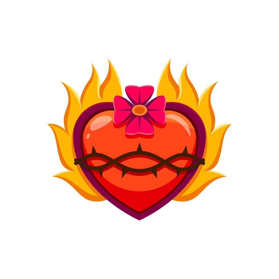 Mexican Jesus flaming heart retro sticker or icon vector