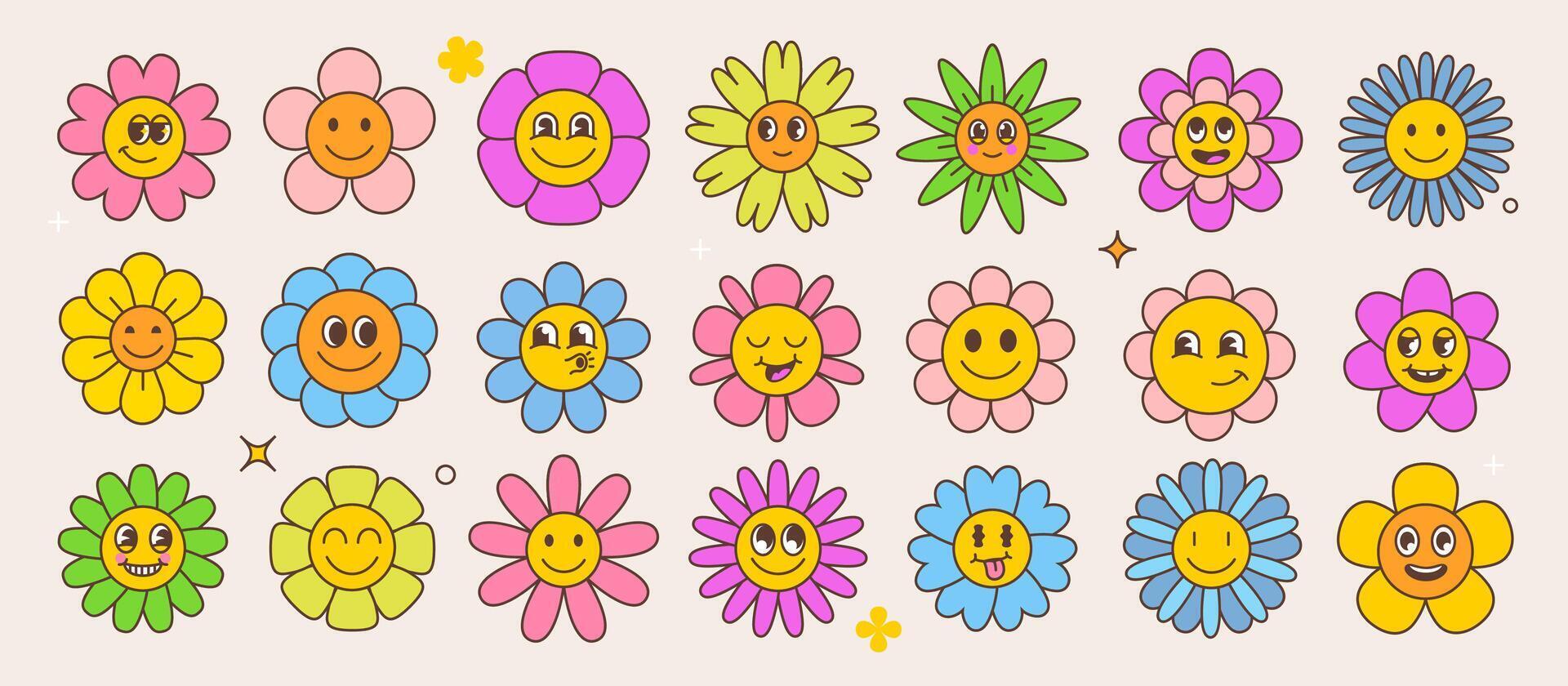 Retro groovy hippie daisy sunflower flowers set vector