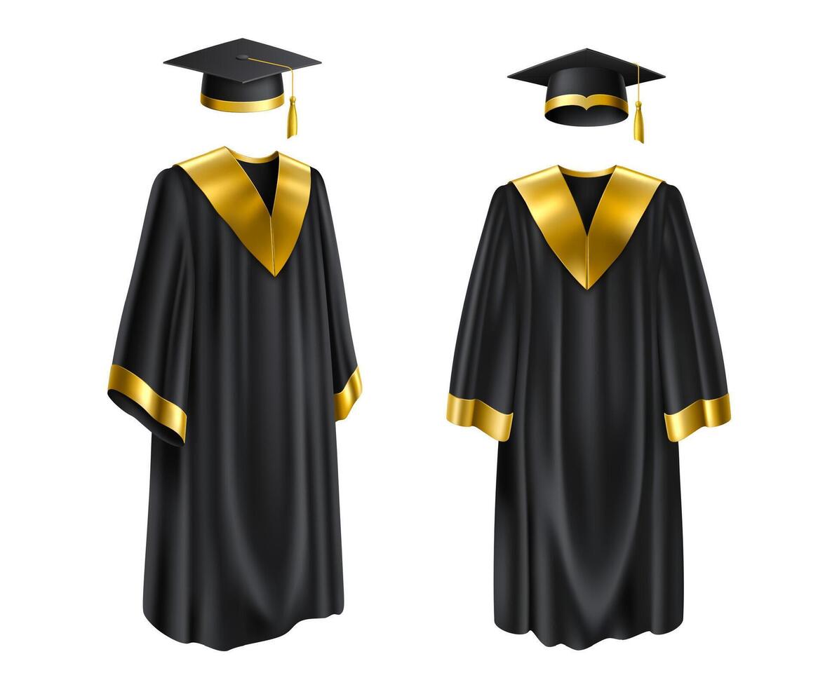 Isolated realistic graduation gown and cap, 3d vector