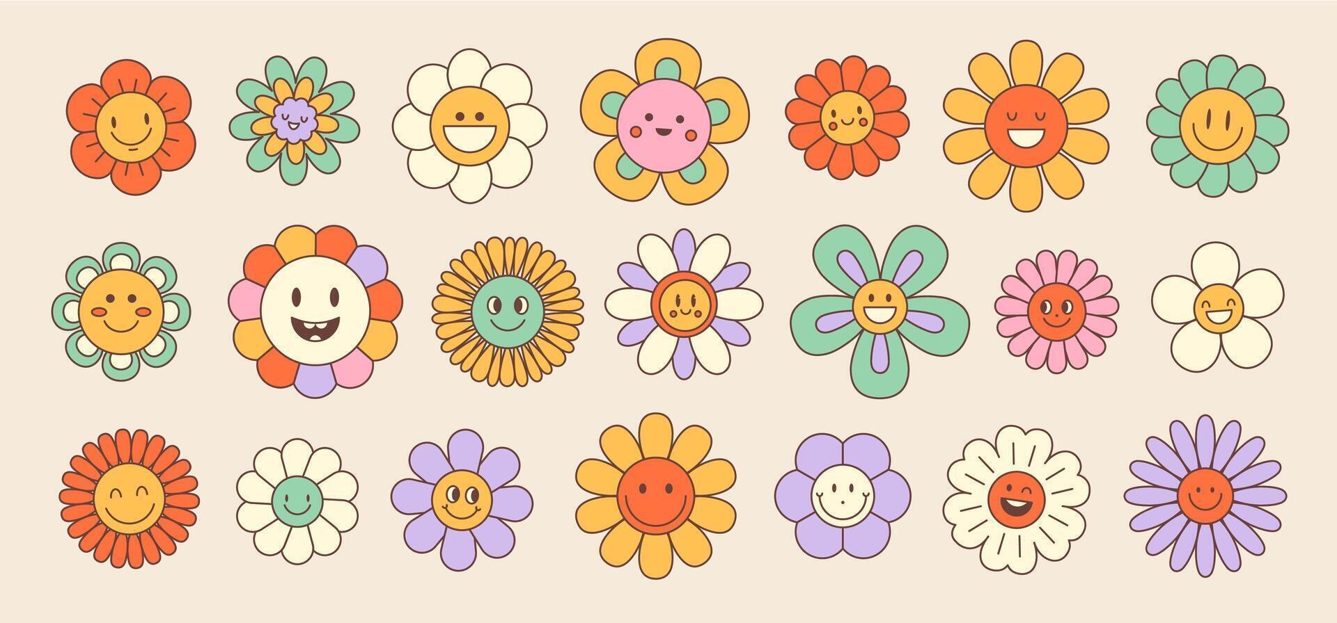 Retro groovy hippie daisy sunflower characters set vector