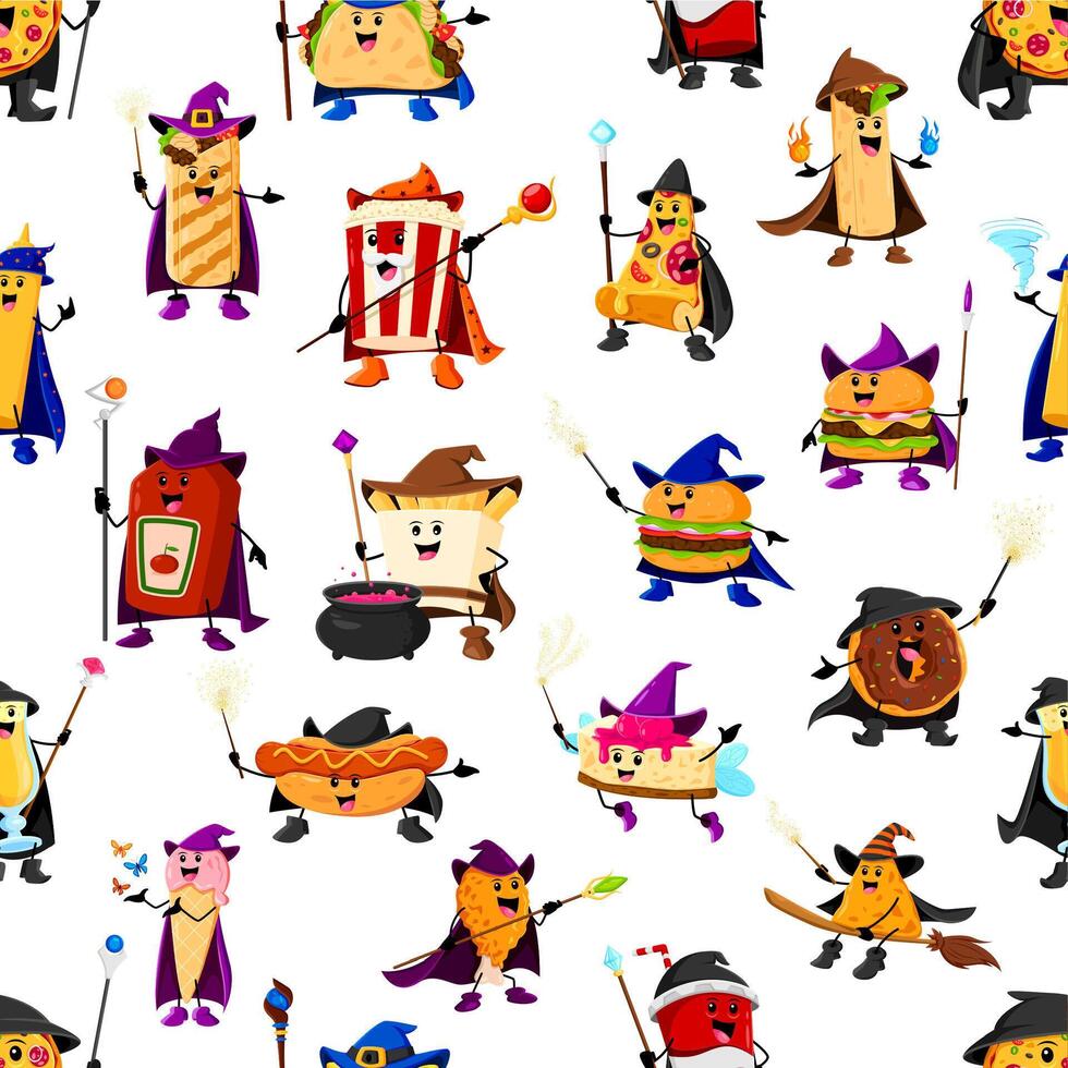 Halloween fast food witch characters tile pattern vector