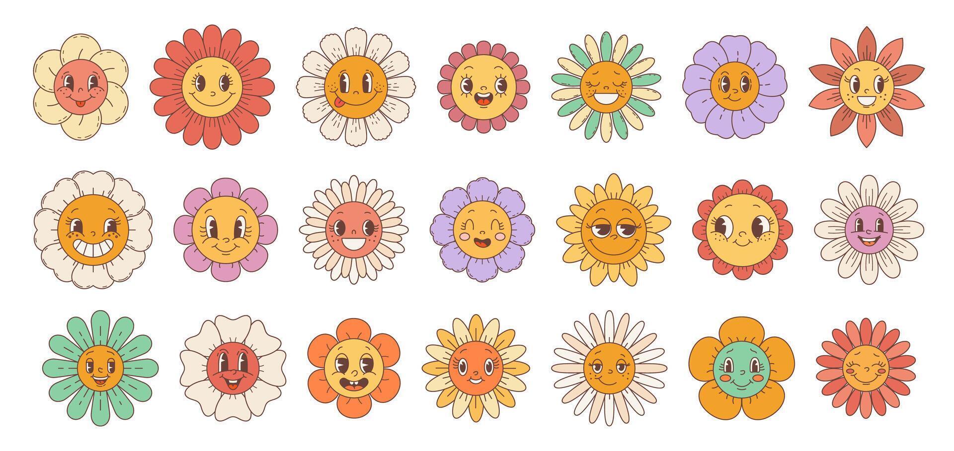 Retro groovy hippie daisy sunflower flower faces vector