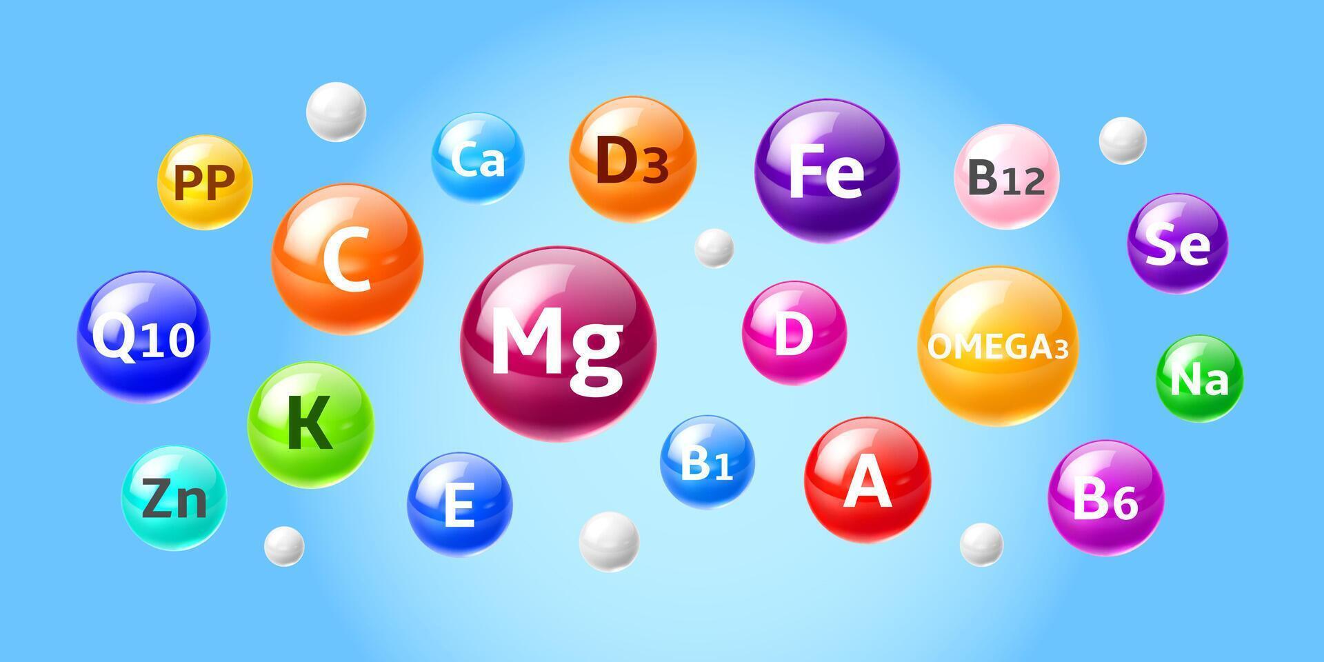 Supplement vitamins and minerals 3d balls vector