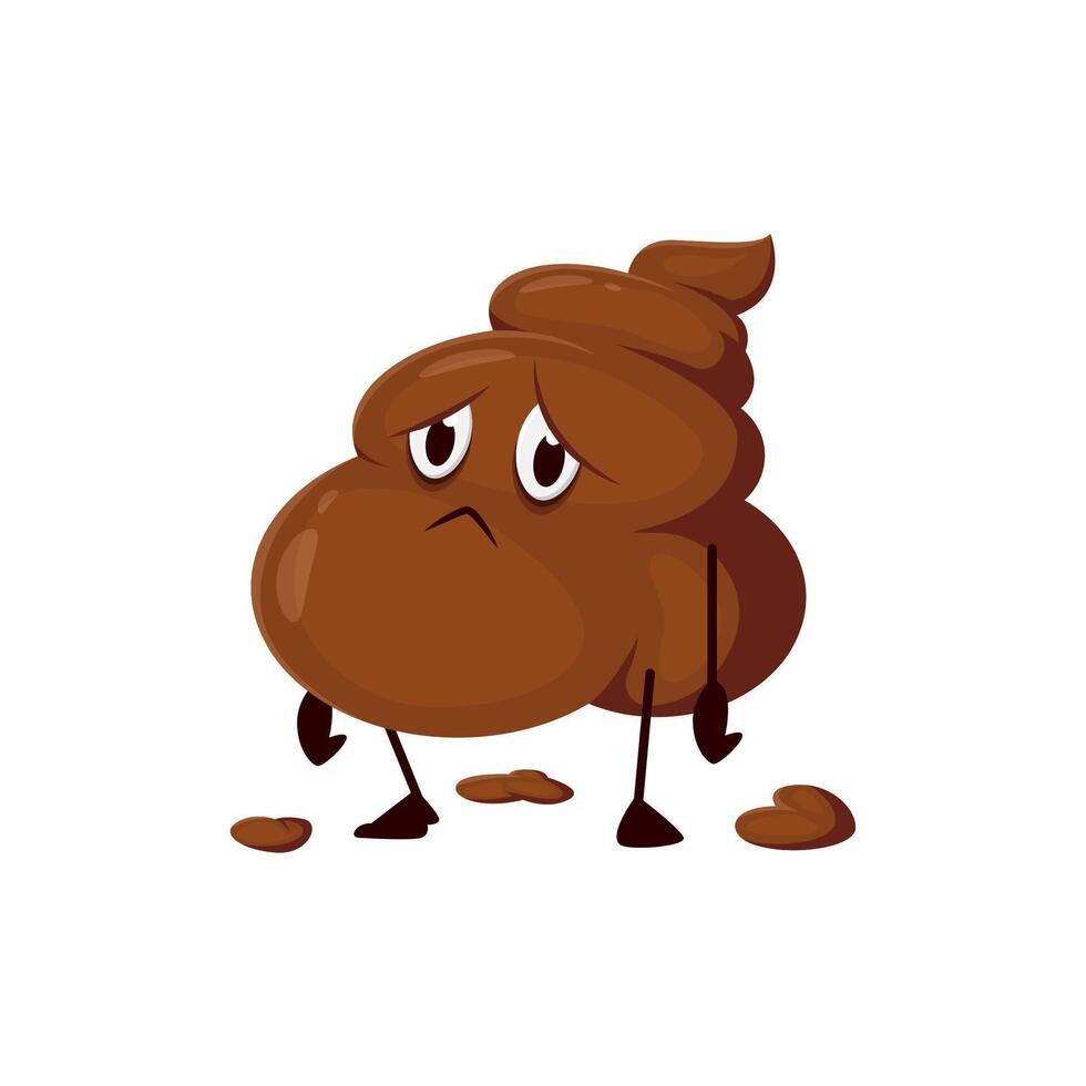 Funny poo excrement, cartoon sad poop feces emoji vector