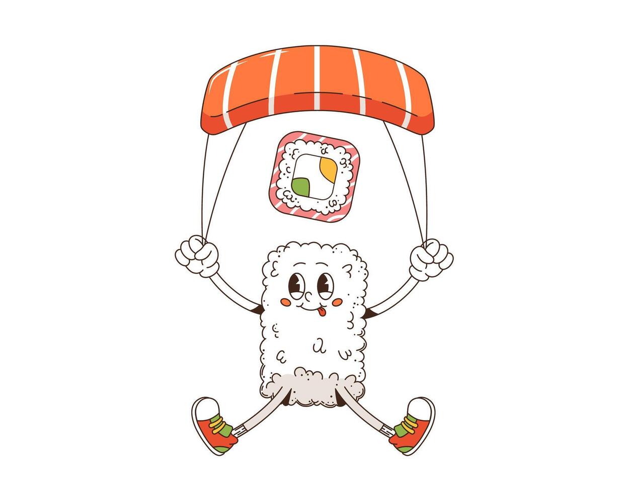 Cartoon retro groovy sushi character on parachute vector