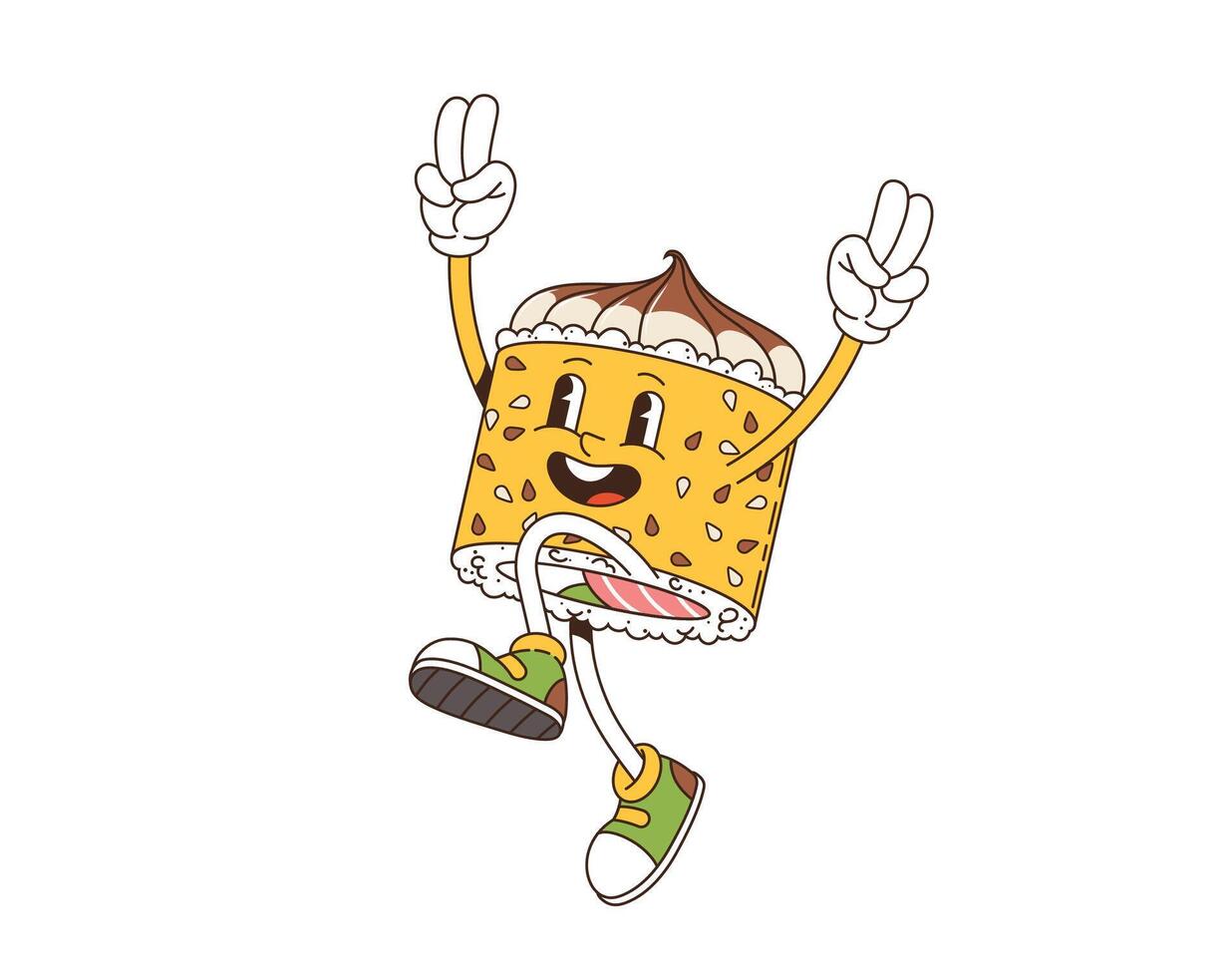 Cartoon retro groovy Japanese roll food character vector