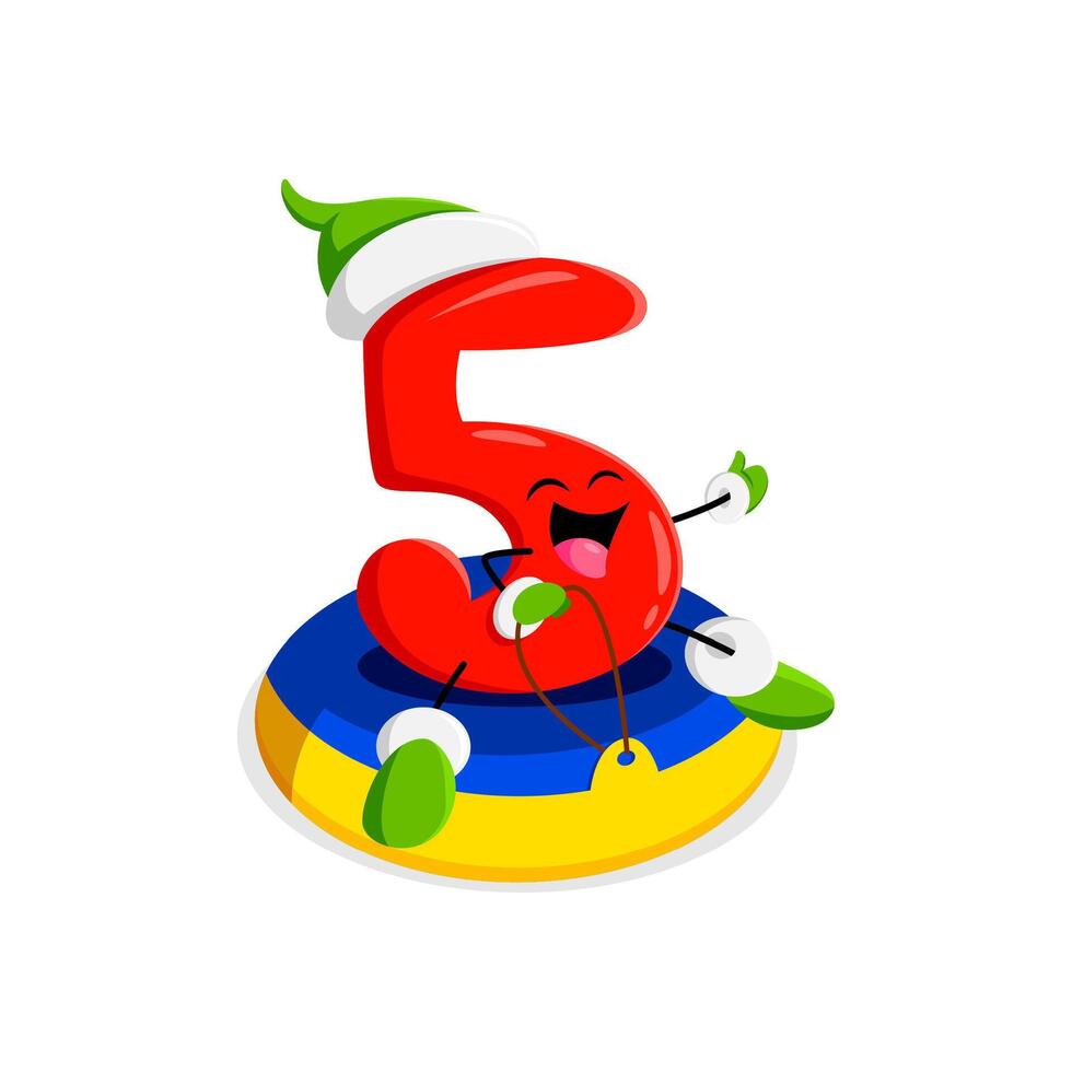 Cartoon math number five zooms down snowy hills vector