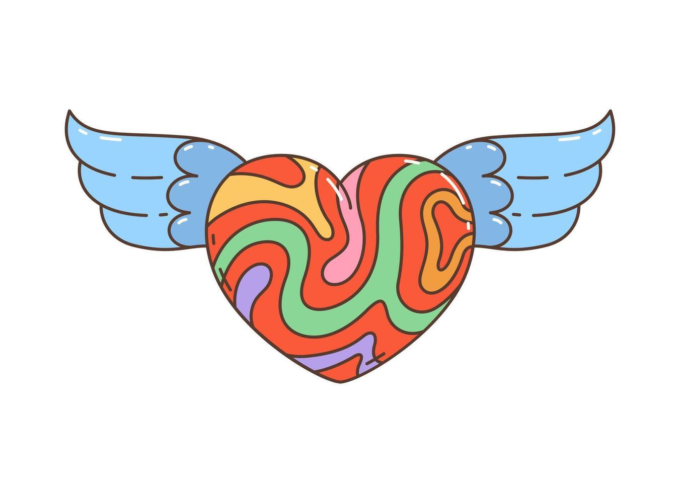 Cartoon retro groovy hippie winged vibrant heart vector